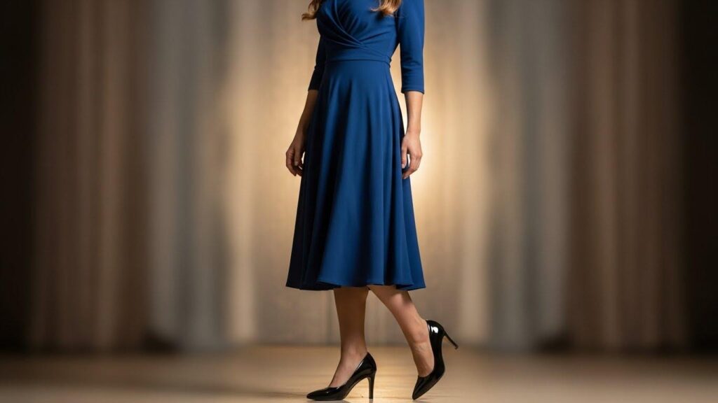 Kobieta w chabrowej sukience i czarnych czółenkach