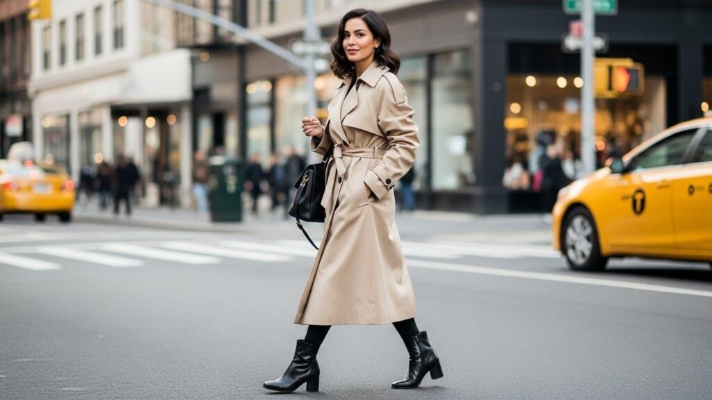 Kobieta w beżowym płaszczu i czarnych butach