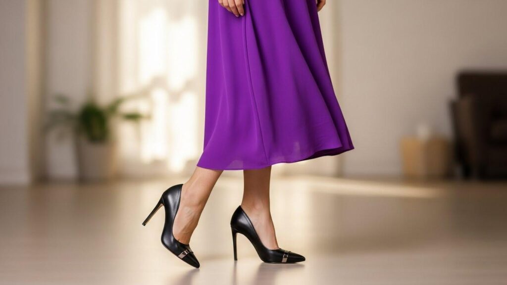 Kobieta w fioletowej sukience i czarnych szpilkach