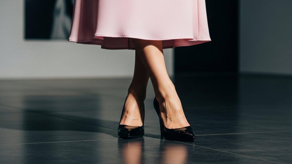 Kobieta w pudrowo-różowej sukience i czarnych szpilkach