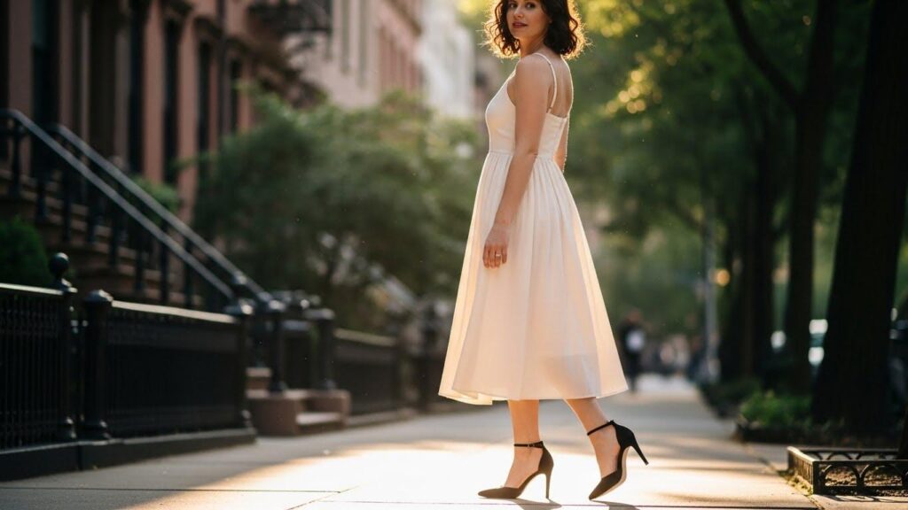Kobieta w kremowej sukience i czarnych szpilkach