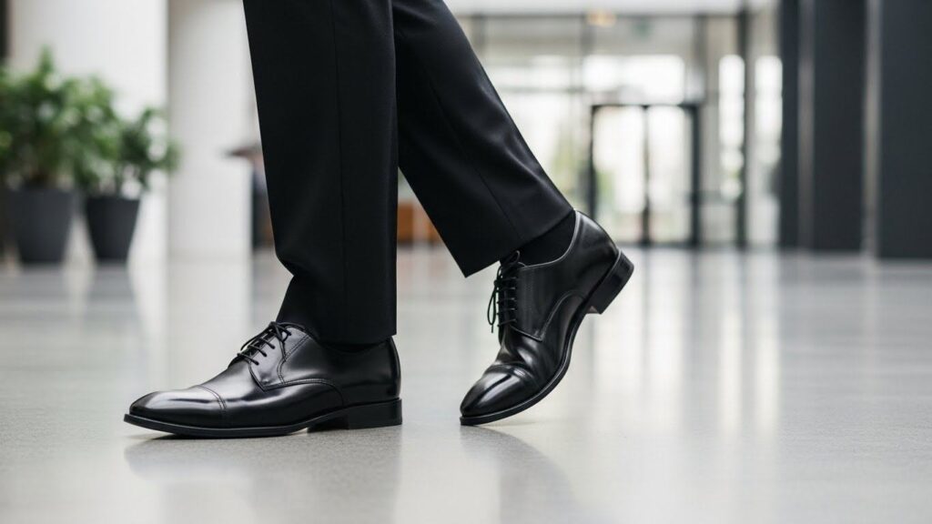 Mężczyzna w czarnym garniturze i czarnych derbach