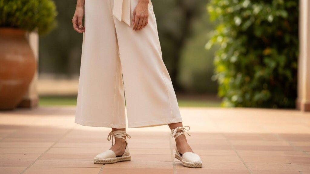 Kobieta w eleganckim kombinezonie i espadrylach