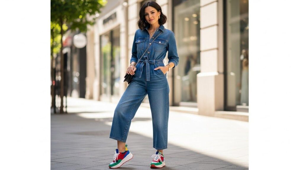 Kobieta w jeansowym kombinezonie i kolorowych sneakersach
