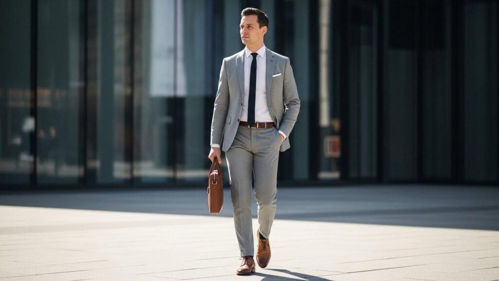 Mężczyzna w jasnoszarym garniturze i karmelowych butach