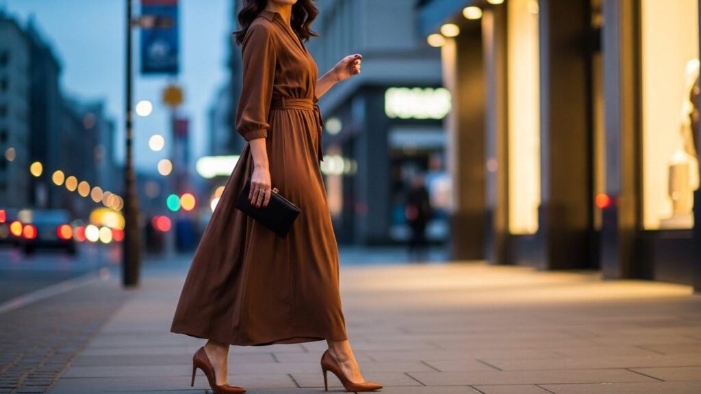 Kobieta w czekoladowej sukience i szpilkach w koniakowym kolorze