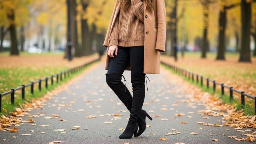 Kobieta w stylizacji z płaszczem wełnianym i kozakami