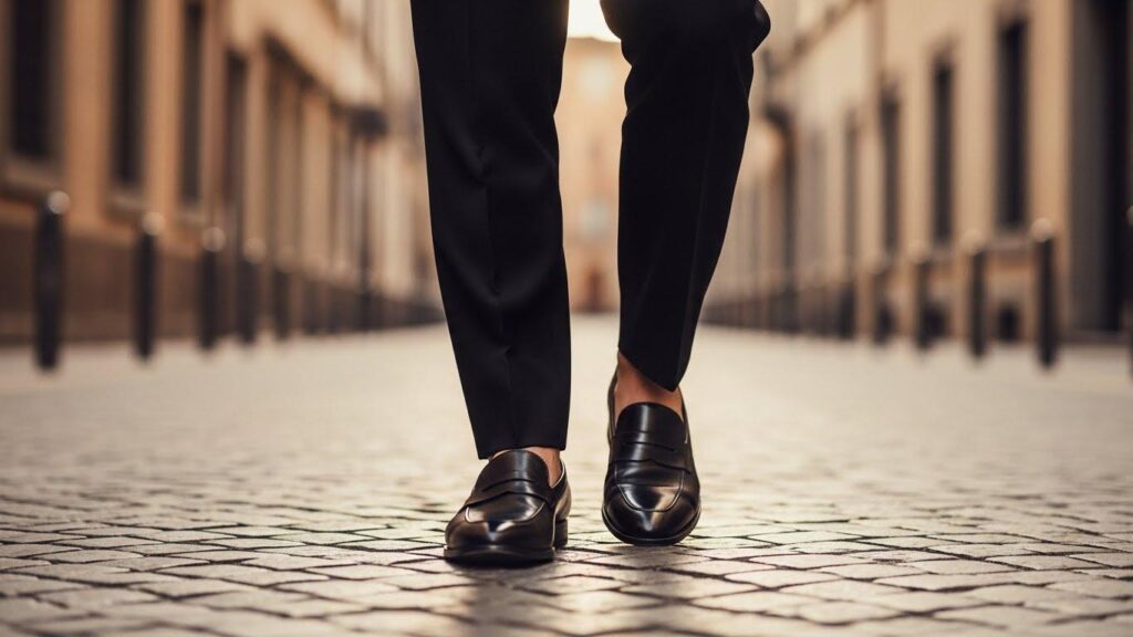 Mężczyzna w czarnym garniturze i czarnych loafersach
