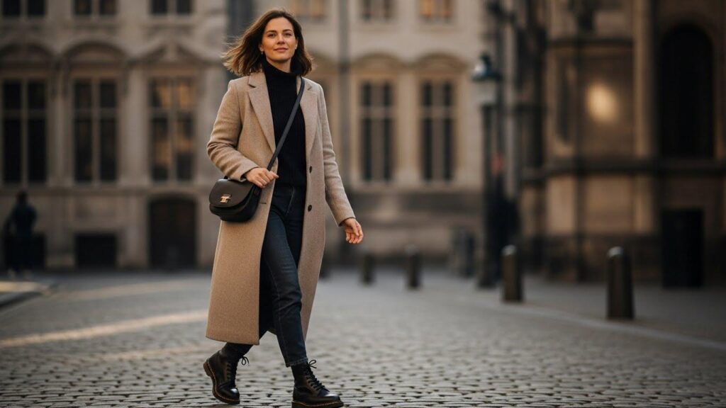 Kobieta w beżowym płaszczu i martensach