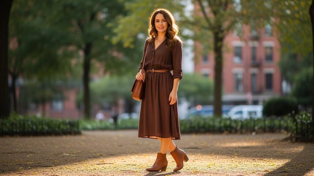 Kobieta w czekoladowej sukience midi i brązowych botkach