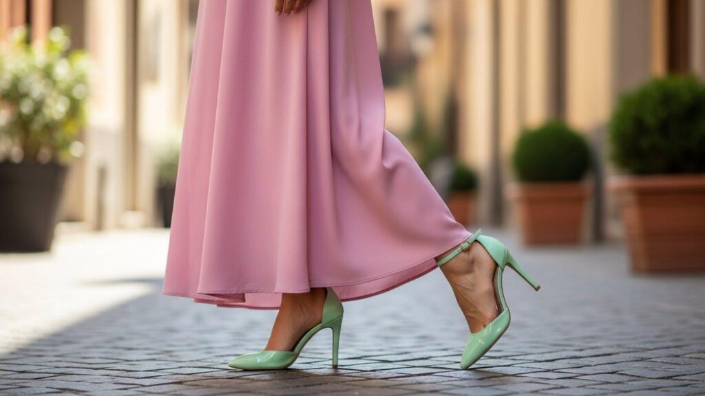 Kobieta w pudrowo-różowej sukience i miętowych szpilkach