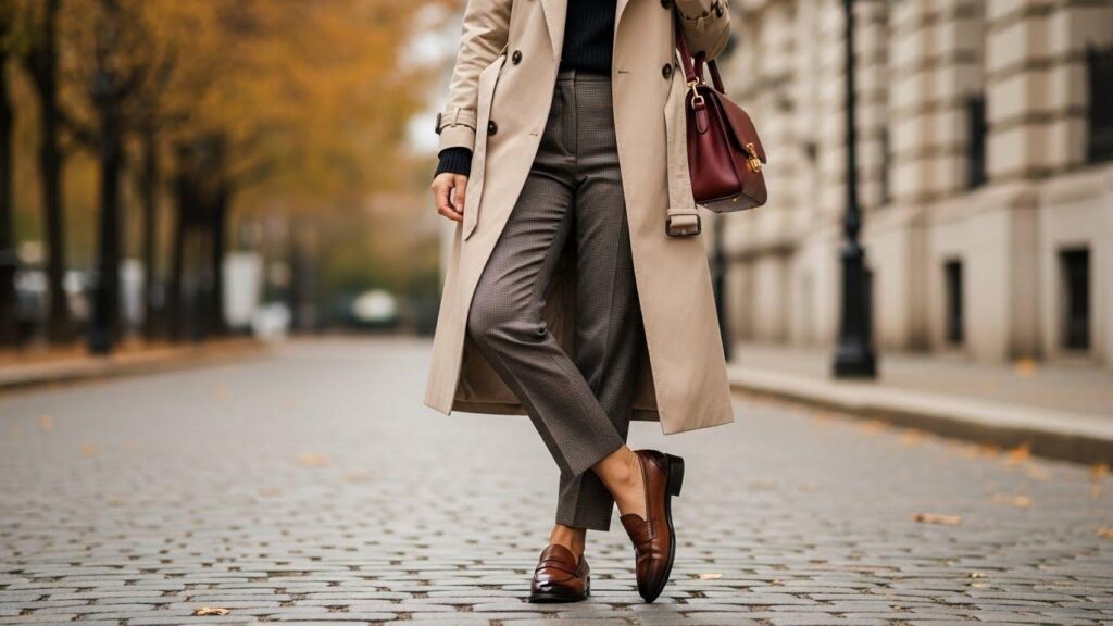 Kobieta w stylizacji z klasycznym trenczem i mokasynach