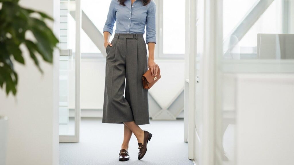 Kobieta w stylizacji z kulotami i mokasynami