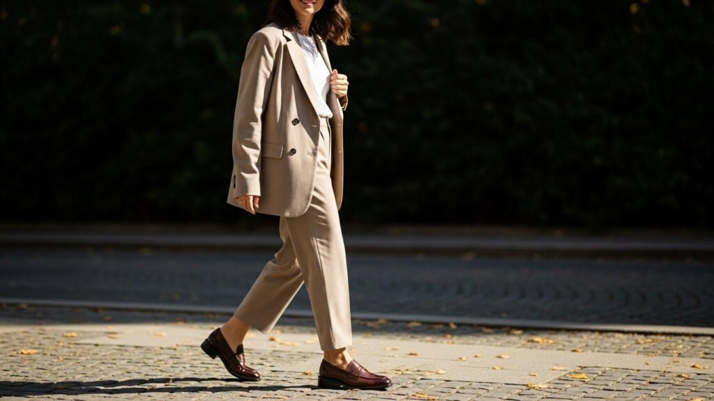 Kobieta w beżowym garniturze i mokasynach