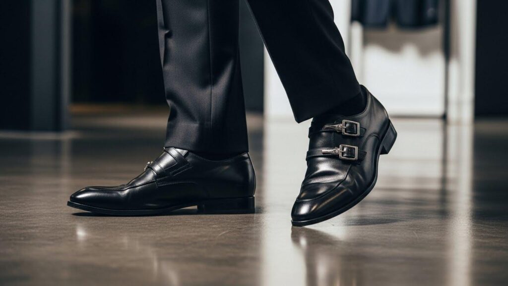 Mężczyzna w czarnym garniturze i czarnych monkach