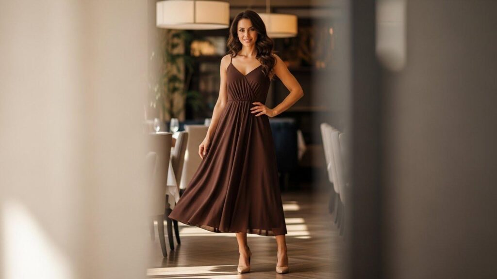 Kobieta w czekoladowej sukience i szpilkach w odcieniu nude
