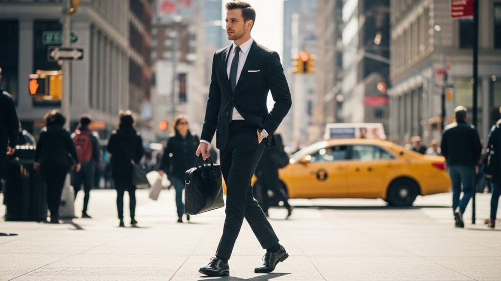 Mężczyzna w czarnym garniturze i czarnych oxfordach