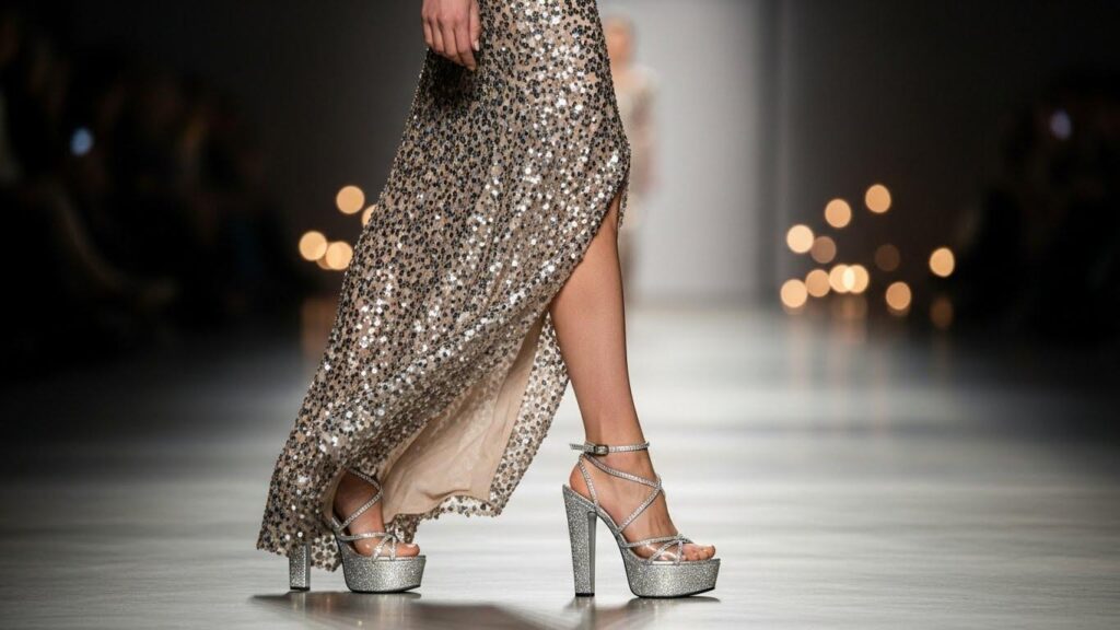 Kobieta w cekinowej sukience i butach na platformie