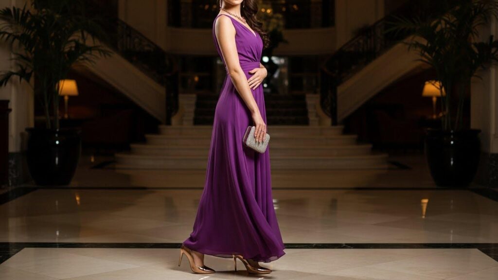 Kobieta w fioletowej sukience i szpilkach w kolorze rose gold