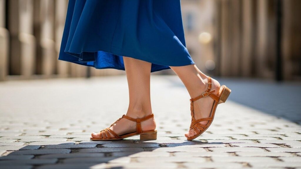 Kobieta w chabrowej sukience i piaskowych sandałkach