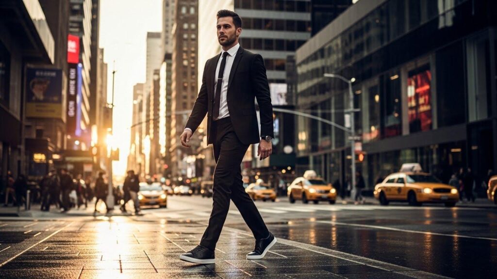 Mężczyzna w czarnym garniturze i czarnych sneakersach