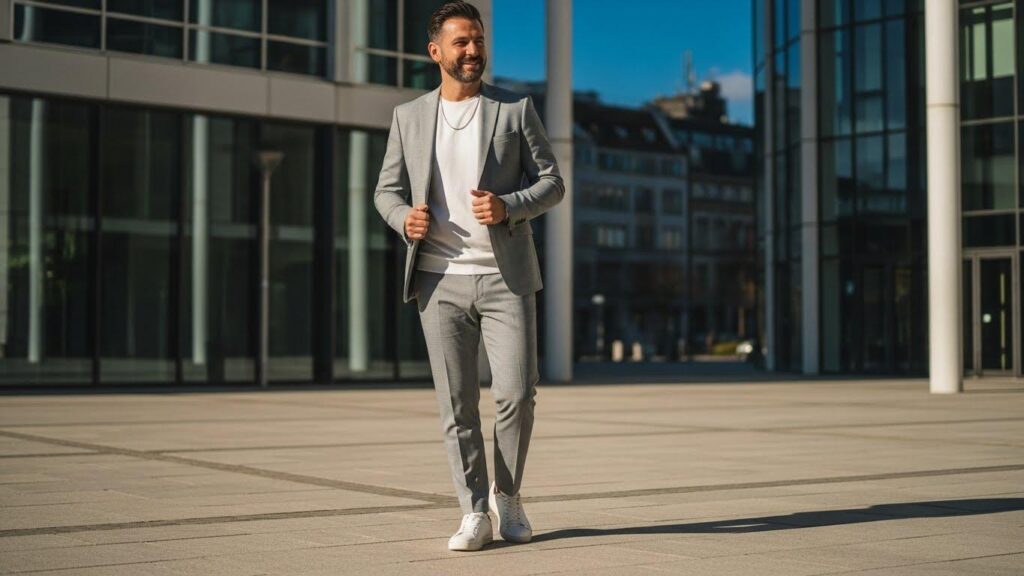 Mężczyzna w jasnoszarym garniturze i sneakersach