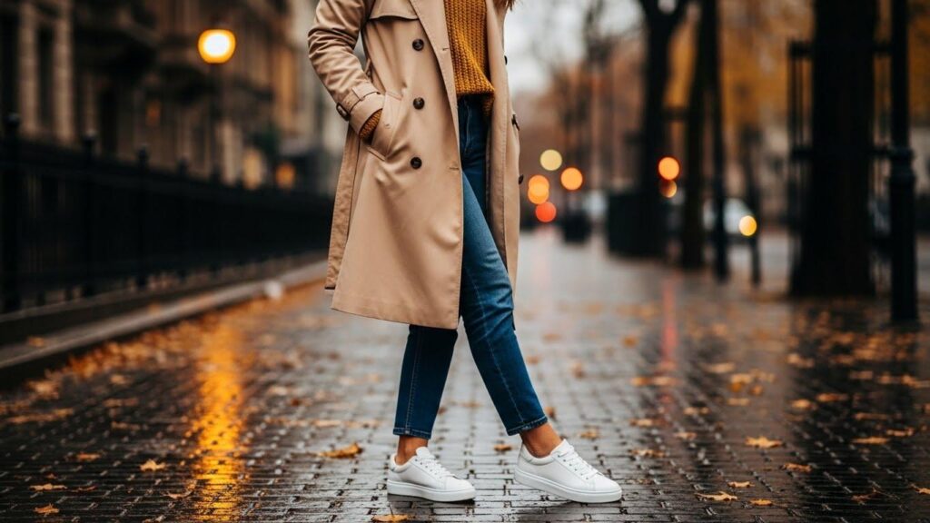 Kobieta w stylizacji z klasycznym trenczem i białych sneakersach