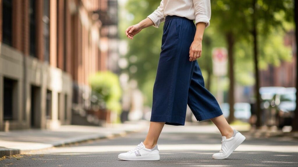 Kobieta w stylizacji z kulotami i sneakersami