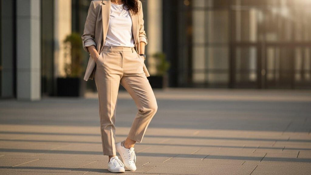 Kobieta w beżowym garniturze i sneakersach