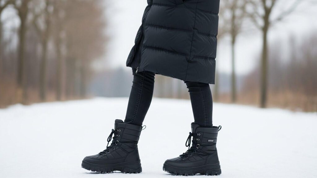 Kobieta w stylizacji z płaszczem puchowym i śniegowcach