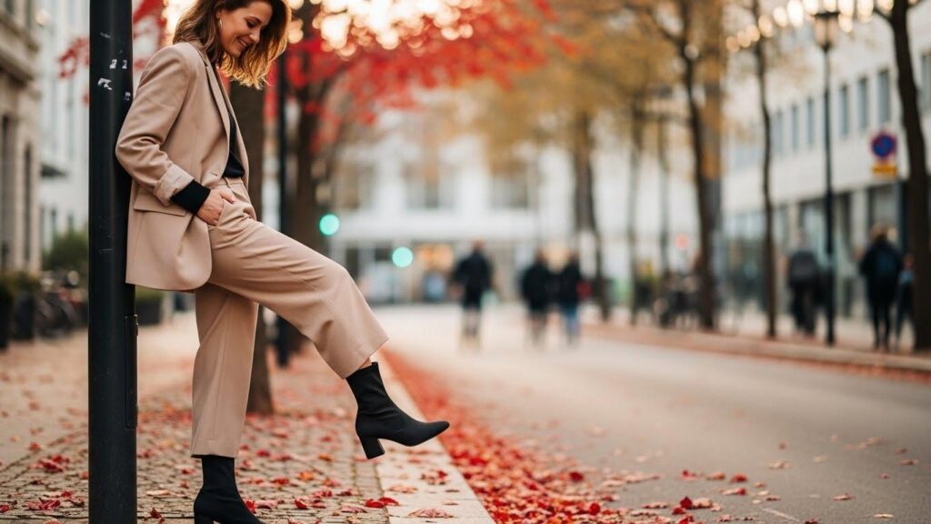 Kobieta w beżowym garniturze i sock boots