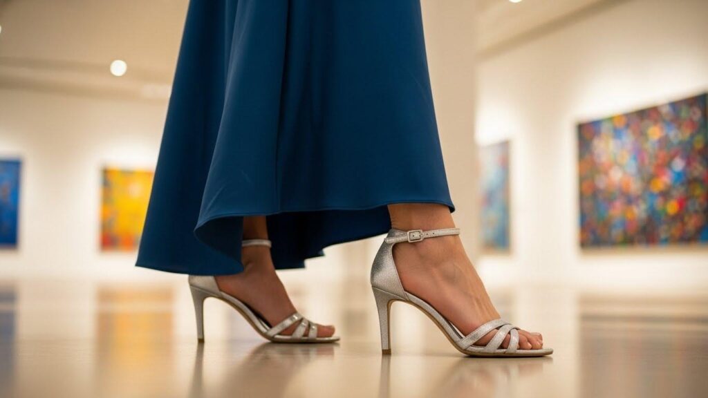 Kobieta w chabrowej sukience i srebrnych szpilkach