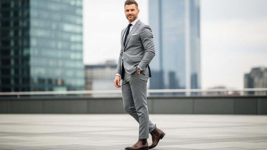 Mężczyzna w szarym garniturze i sztybletach