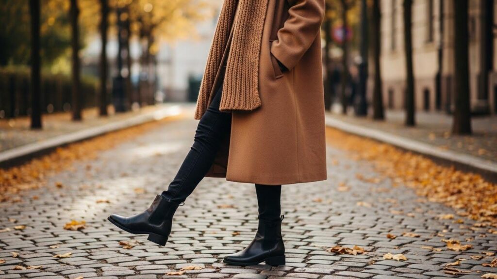 Kobieta w  stylizacji z płaszczem wełnianym i sztybletach