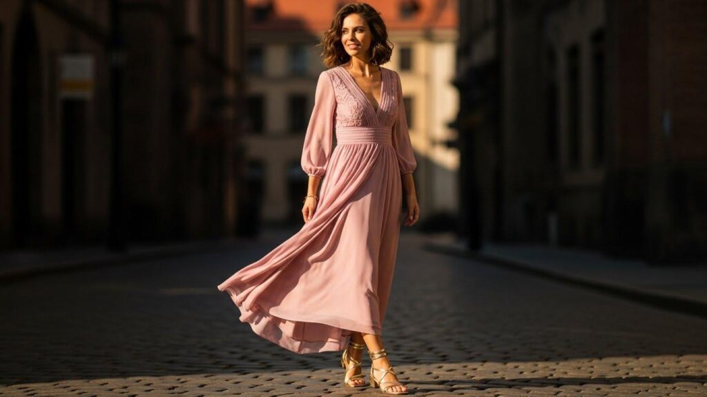 Kobieta w pudrowo-różowej sukience i złotych sandałkach